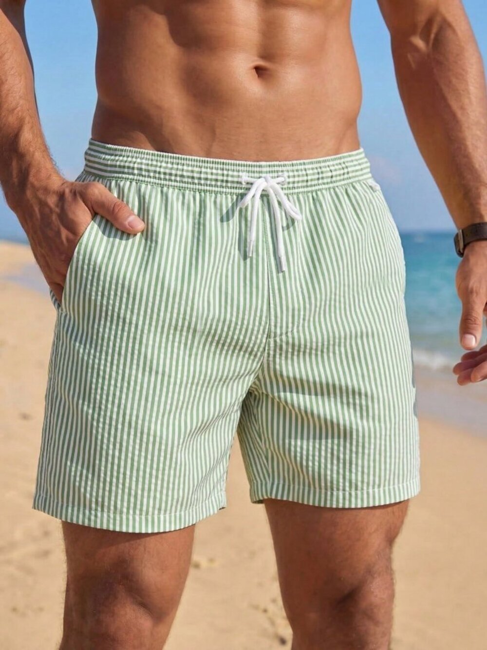 Multicolor Men's Vertical Striped Drawstring Waist Swim Trunks - Picture 3 of 5